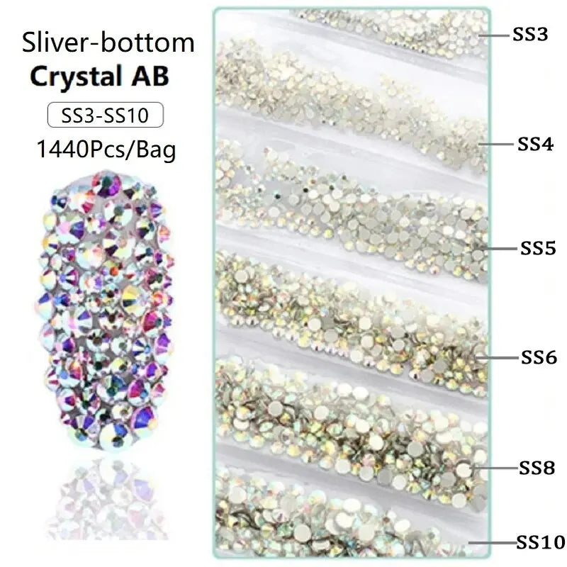 Crystal AB Mix Size Flat Back Glass Beads Non Hotfix Rhinestones Shiny Nail Charms Decorations Supplies Crystals For DIY Crafts